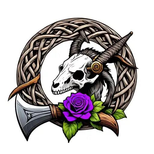 Evil Steampunk goat skull, with a purple rose under the skull over a large Viking axe background and Celtic weave circle tattoo design idea