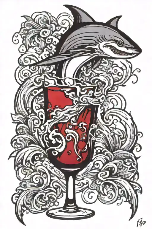 glass of red wine with sharks fin emerging tattoo design idea