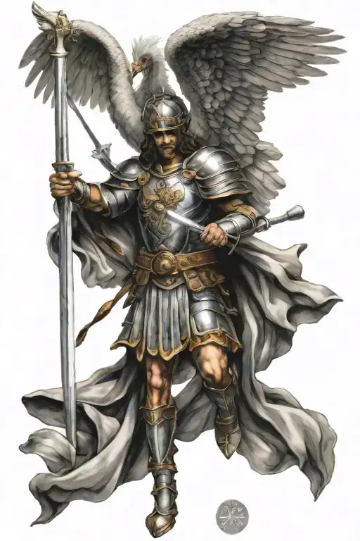 saint michael with a sword and a banner with hebrews 11:1 tattoo design idea