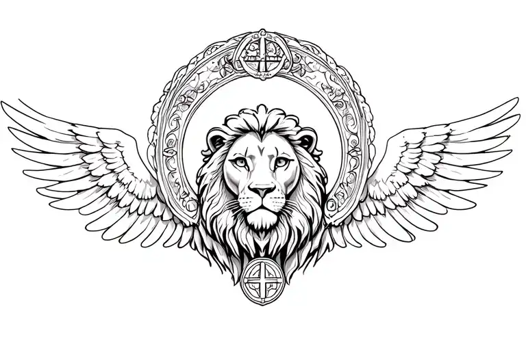 lion, st benedict medal and arch angel wings tattoo design idea