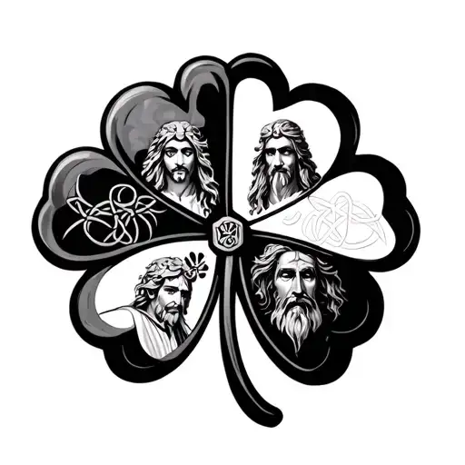 four leaf clover with a different Celtic god in each quadrant tattoo design idea