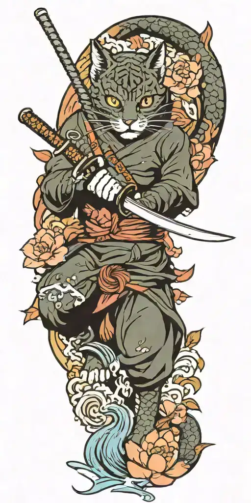ninja cat holding katana sword, tail, water, waves, lotus, sakura, clouds, whirlpool, leaves, peony tattoo design idea