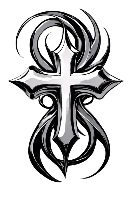 chrome cross with a cool design behind it tattoo design idea