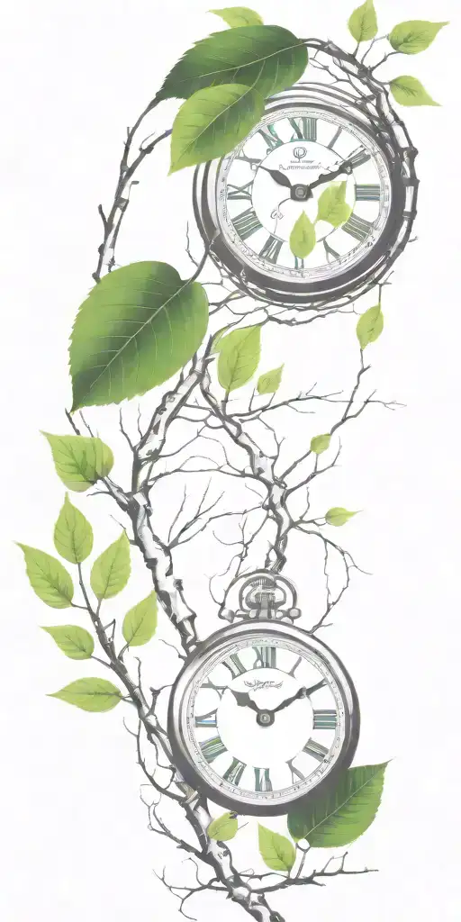 birch tree branches and green leaves with only 3 clocks integrated into it for an arm sleeve tattoo design idea