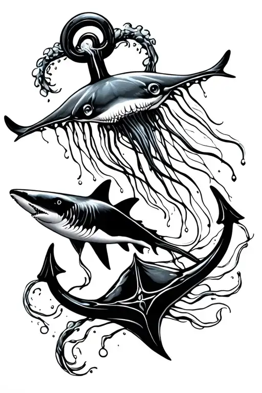 anchor, manta ray, shark, jellyfish swimming tattoo design idea