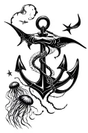 anchor, manta ray, shark, jellyfish swimming tattoo design idea