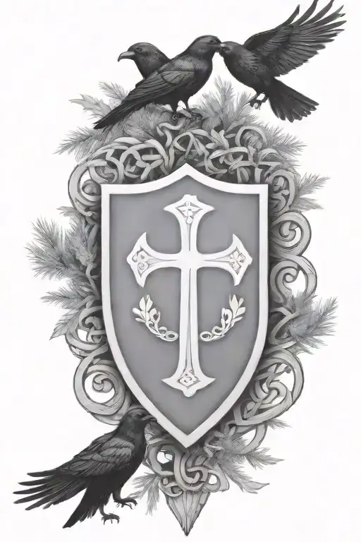 Rooker Family Crest with a celtic cross in a circle as a shield surrounded by cedar trees with  6 Crows tattoo design idea