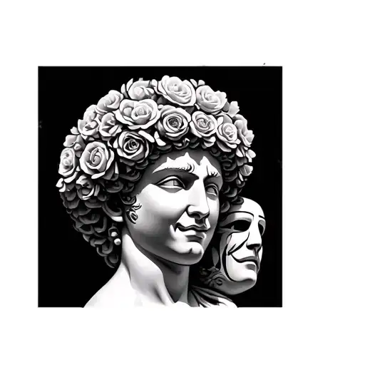 Gemini greek statue with an afro made of roses a afce smiling at the back and a mask crying being held partially over tattoo design idea