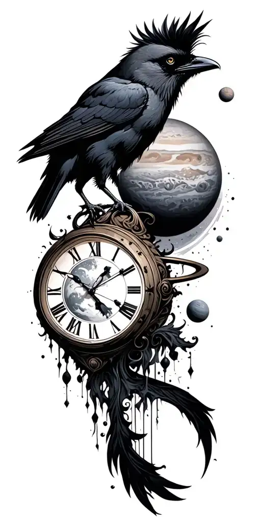 black out space background, planets, crow, time piece tattoo design idea