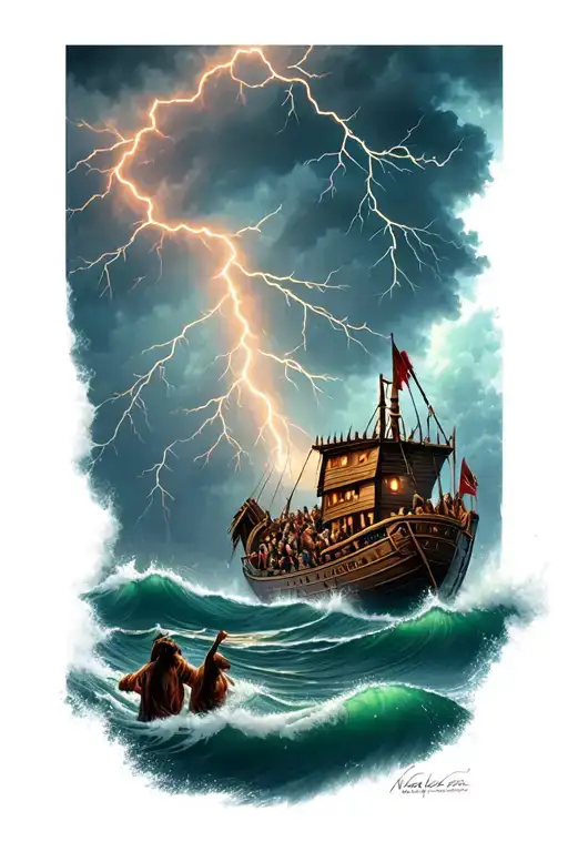 noah's ark with lightning in the sky and people drowning in the ocean during a storm tattoo design idea