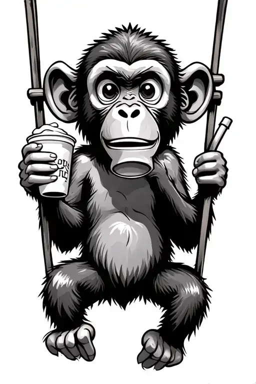 Silly cartoon monkey swinging and drinking an iced coffee tattoo design idea