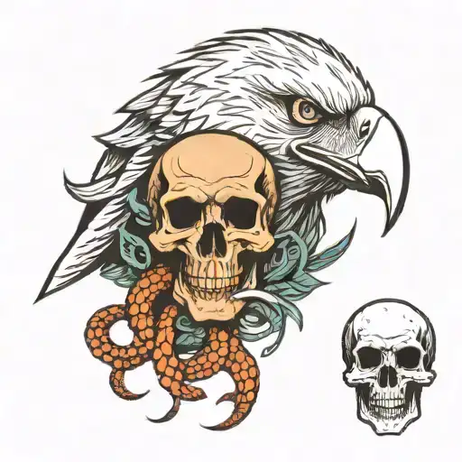 an eagle above the skull and a snake under the skull tattoo design idea