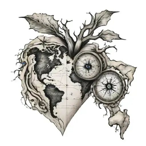 fingerprint heart with world map and navigation compass inside tattoo design idea