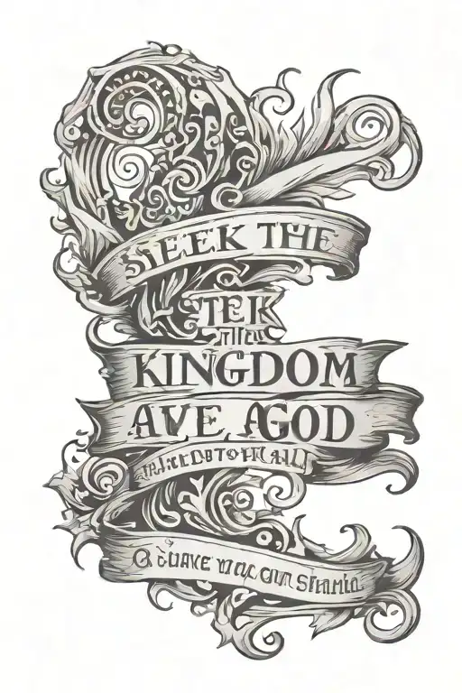 Quote "Seek the Kingdom of God above all else, and he will give you everything you need" with a flame border tattoo design idea