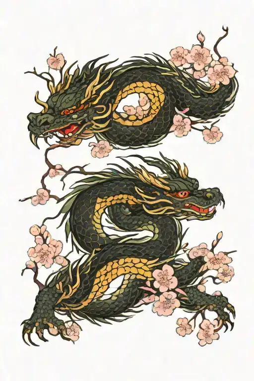 Two dragons intertwined on a backdrop of cherry blossoms  tattoo design idea