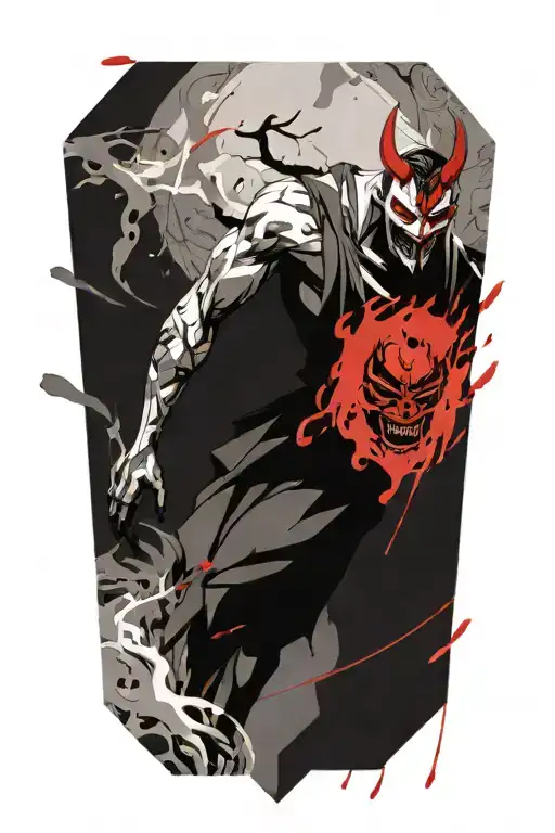 anime character full body wearing a oni mask fighting off inner demons with minimal black areas and no background filler tattoo design idea