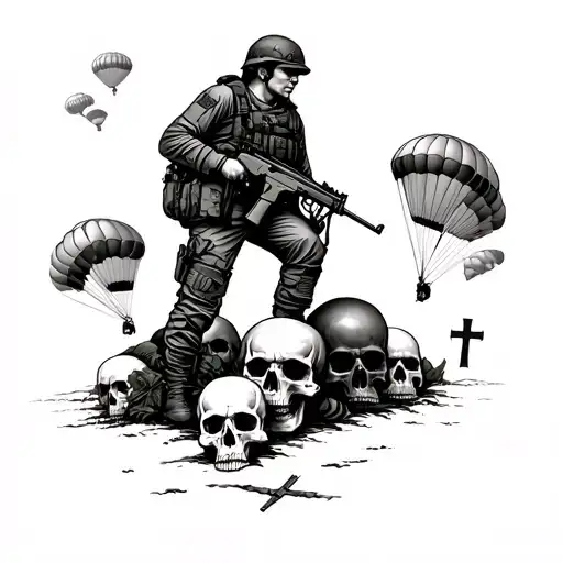 French military paratrooper with an HK416, standing on his enemies' skulls. surrounded by parachutes and lorraine cross tattoo design idea