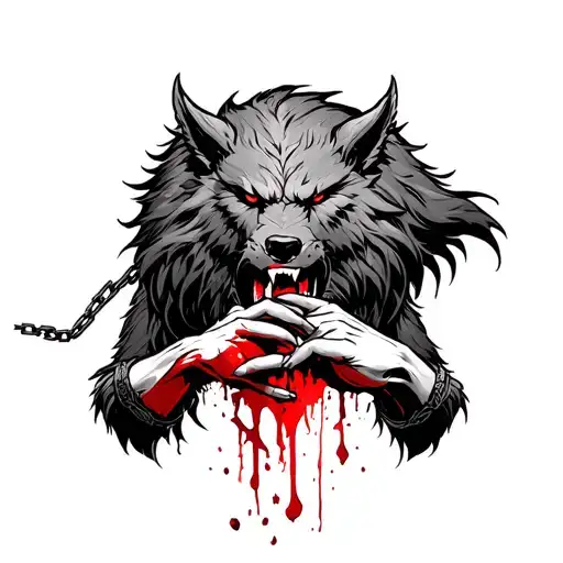 story of fenrir and tyr, fenrir bites his hand and breaks the chain, tyr with blood and the one-handed hand tattoo design idea