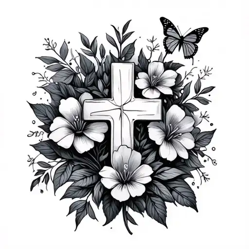 psalm 91,cross,flowers,butterflies tattoo design idea