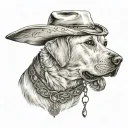 older golden female Labrador with a cowgirl hat on and collar and western theme tattoo design idea