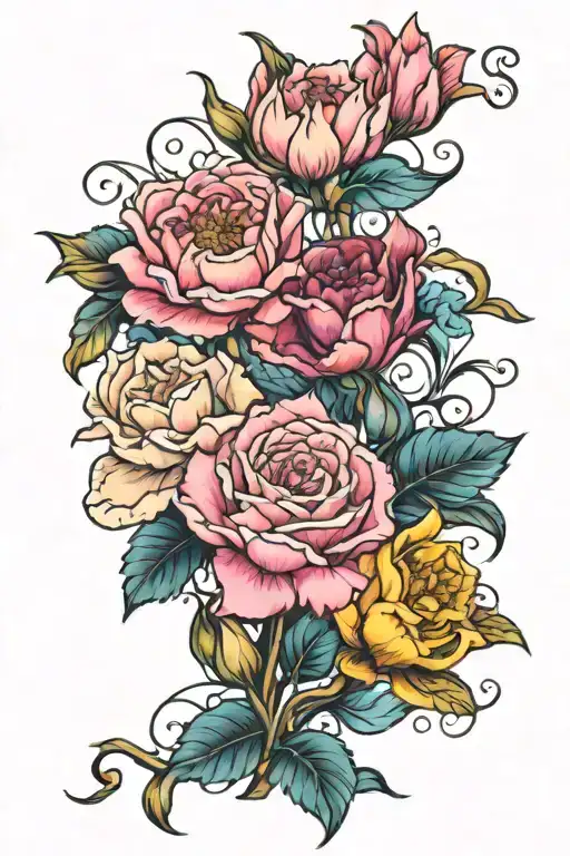pink carnation, white rose, blue water lily, yellow gladiolus tattoo design idea