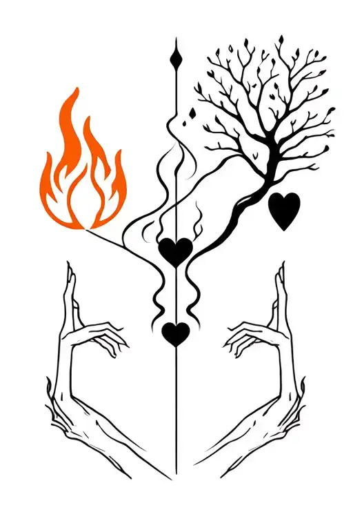 An abstract image that includes a fire, a tree, a black heart and two arms that grab in a stylized way tattoo design idea