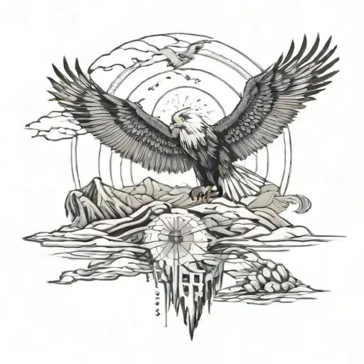 A philosophical desert landscape with symbols of power and money intertwined, featuring an eagle soaring above tattoo design idea