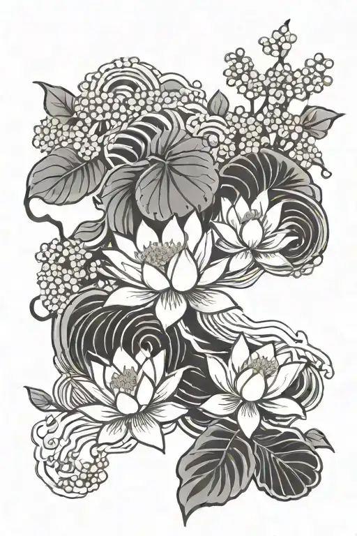 japanese inspired tattoo with cherry blossom vines lotus flowers and waves with signs  tattoo design idea