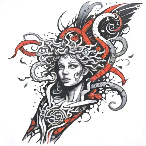 forearm sleeve of Medusa holding snakes wrapped tattoo design idea