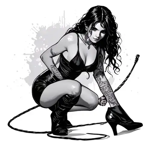Submissive sexy young woman kneeling and holding a whip tattoo design idea