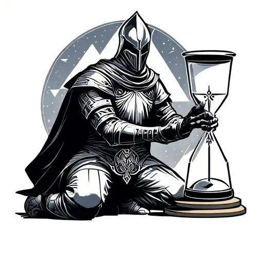 KNIGHT KNEELING IN FRONT OF HOUR GLASS tattoo design idea