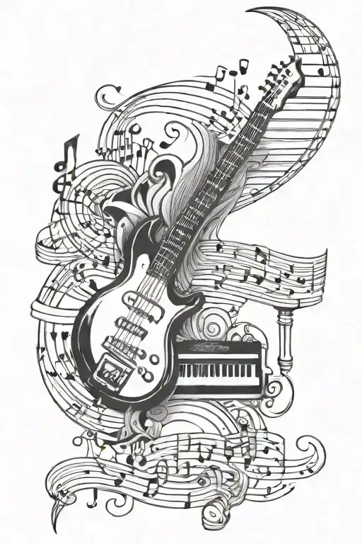 quisquellano with flowing bars of music tattoo design idea
