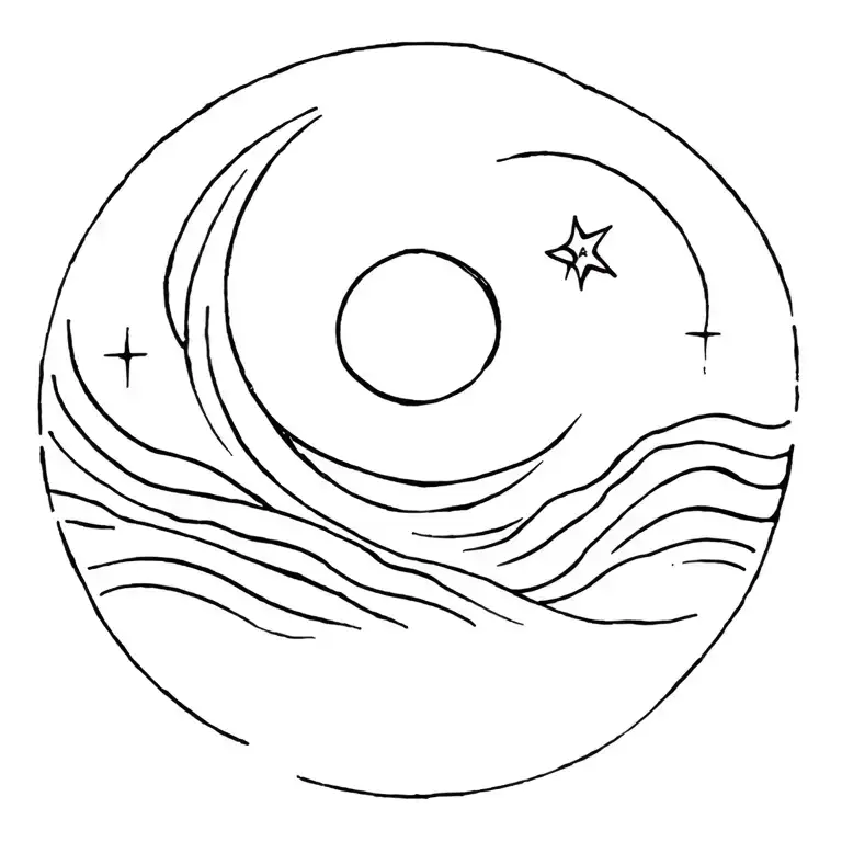 sun, moon, star, water waves tattoo design idea