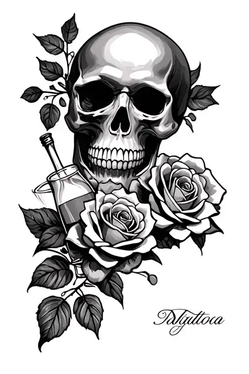 Skull, Roses and Alcohol themed tattoo tattoo design idea