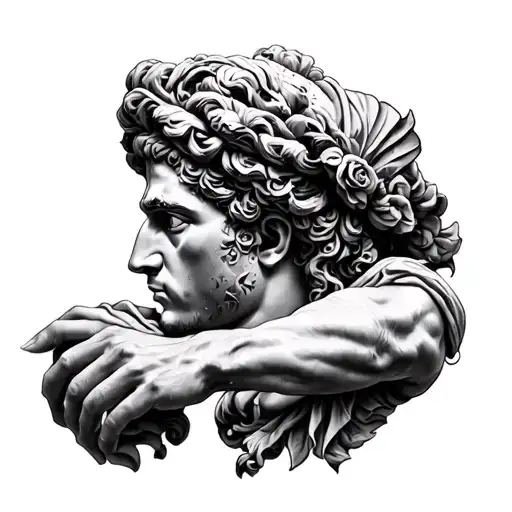 A highly detailed, photorealistic black and white tattoo design for the inner forearm. The design is an ancient Roman im tattoo design idea