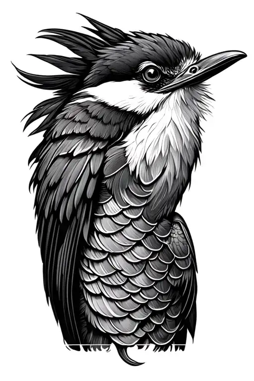 The tattoo begins at the wrist with shaded fish scales, flowing upward . scales morph into feathers from kookaburra tattoo design idea