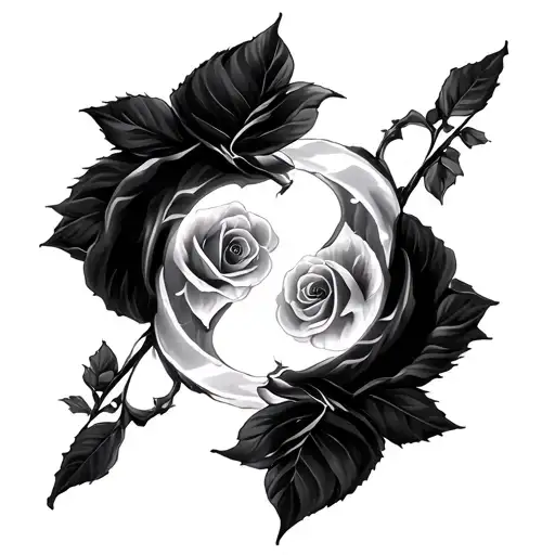 Two open 👁️ 👁️ in the 🌫️  at a black and white rose 🌹 intertwined, the moons reflection in the shards of glass  tattoo design idea