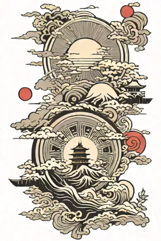 Japan sun rising, Japaneese symbols for strength and family, War, Peace tattoo design idea