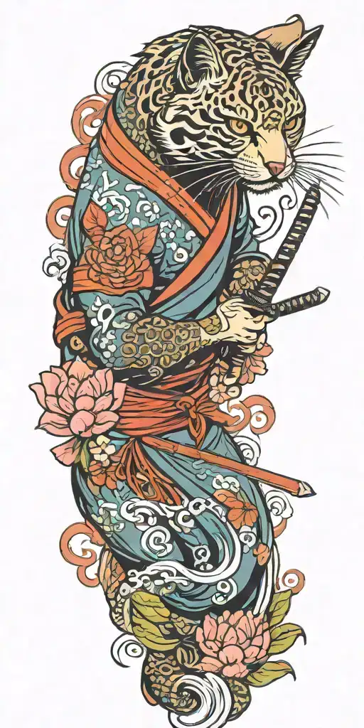 ninja cat holding katana, tail, water, waves, lotus, sakura, clouds, whirlpool, leaves, peony, sea, sunrise tattoo design idea