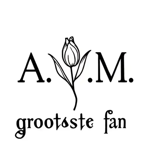 a small tattoo with the initials A.W.M. a tulp and the text grootste fan tattoo design idea