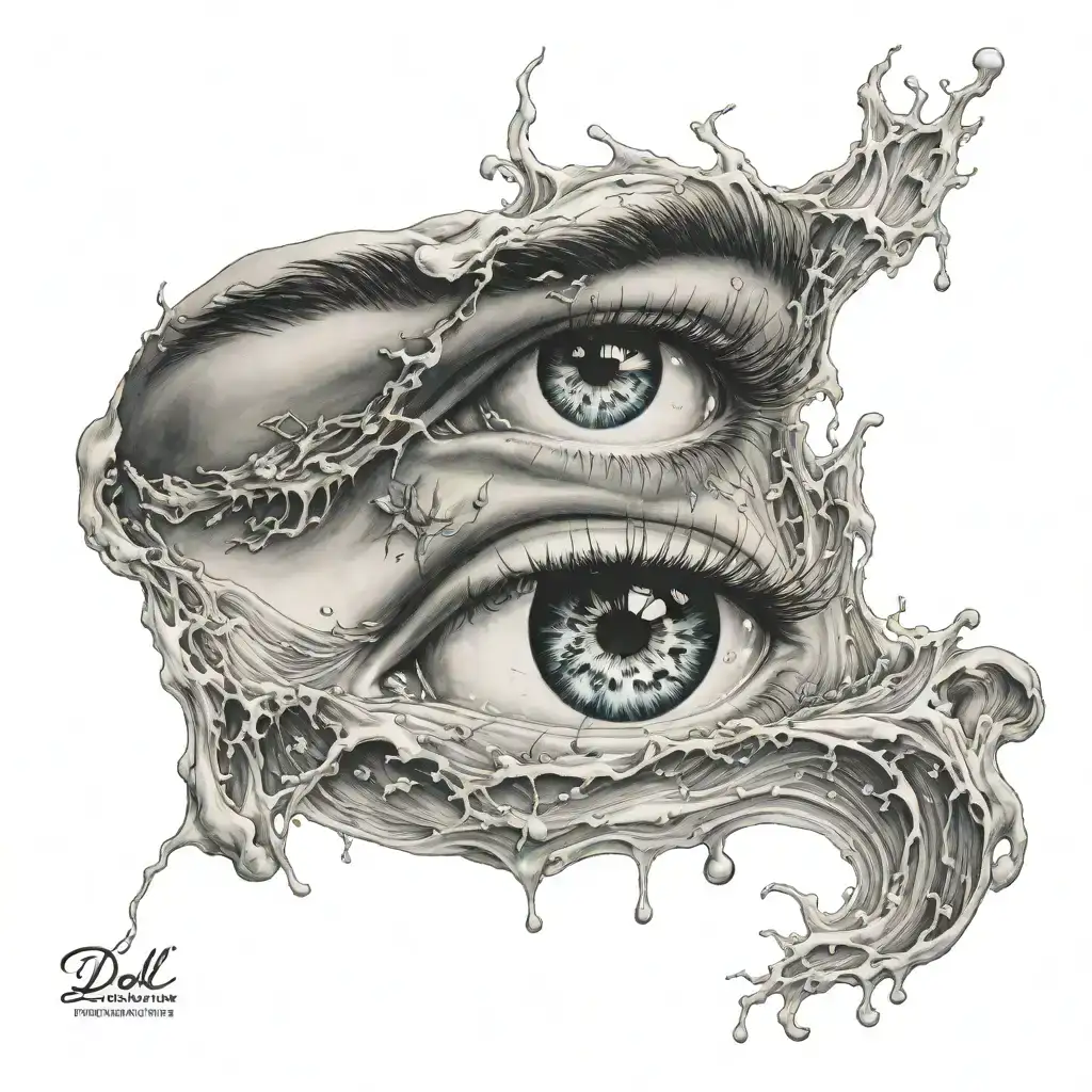 Picture of surrealistic water flowing from eyes and nature by salvador dali, highly detailed, intricate, cinematic, dreamy, surrealism tattoo tattoo design idea
