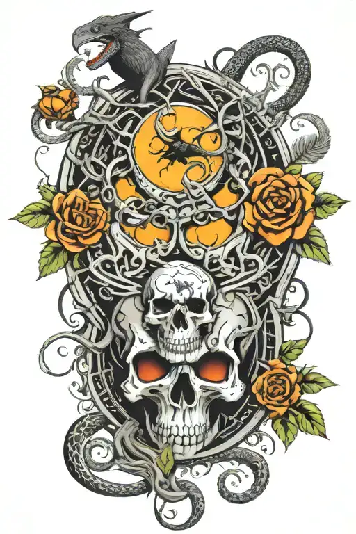 tree snake one pyramid black eagle waterfalls eyeball wheelchair sun, moon ,whale, dragon emersing, yinyang skull roses tattoo design idea