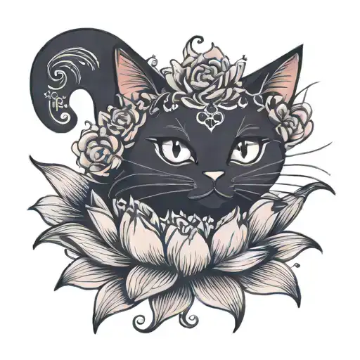 black cat in a lotus flower cute sexy tattoo design idea