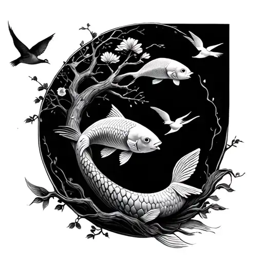 tree of life, little birds flying, koi fish, the word gratitude  tattoo design idea