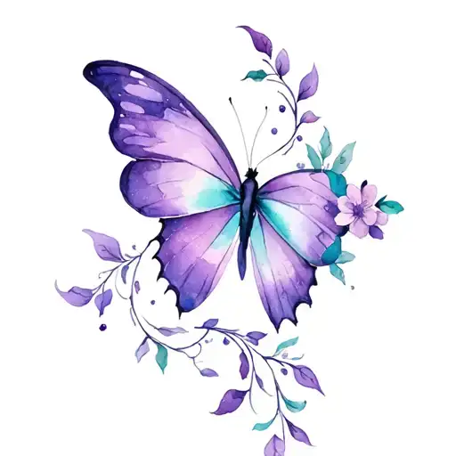 a purple and teal butterfly with vines and flowers tattoo design idea