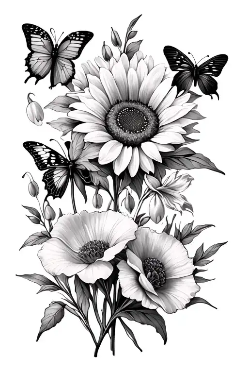 pea flower, sunflower, carnations, snowdrops, violet and irises, gladiolus and poppy, Holly and narcissus. butterflies a tattoo design idea