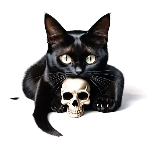 black cat with skull under right paw, white eyes,  tattoo design idea