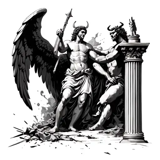 saint Michael arch angel deafiting the devil with staff in between a broken down Roman column entrance  tattoo design idea