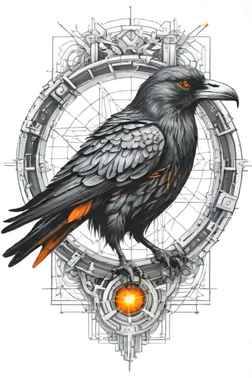 cyberpunk synthetic raven with orange robotic eyes inside cyber circle and microschemes high quality tattoo design idea