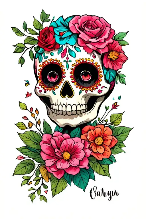 sugar skull with something cute tattoo design idea